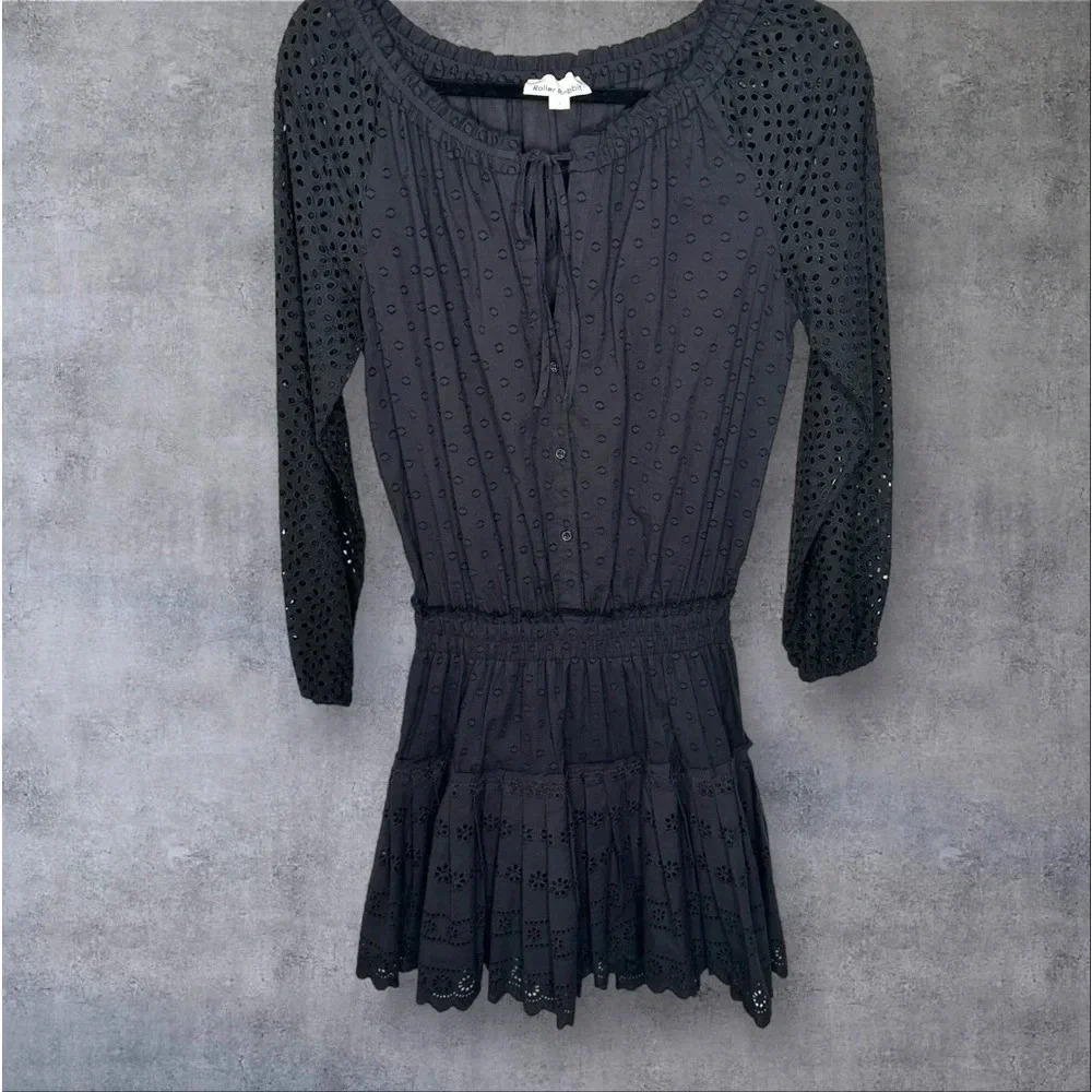 Roller Rabbit The Arista Black Eyelet Mini Dress Size Small Cotton Neutral‎